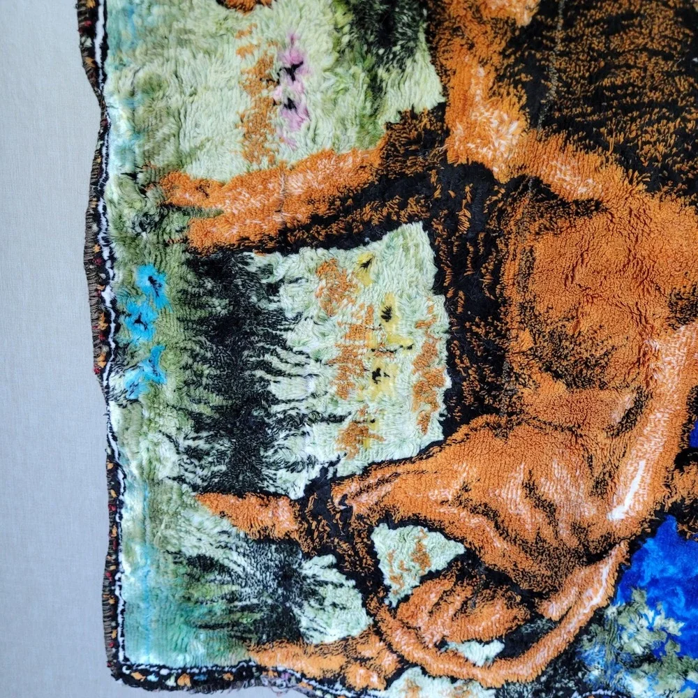 Vintage 1970s Woven Lion Tapestry Wall Hanging Retro Kitsch Boho Man Cave Decor